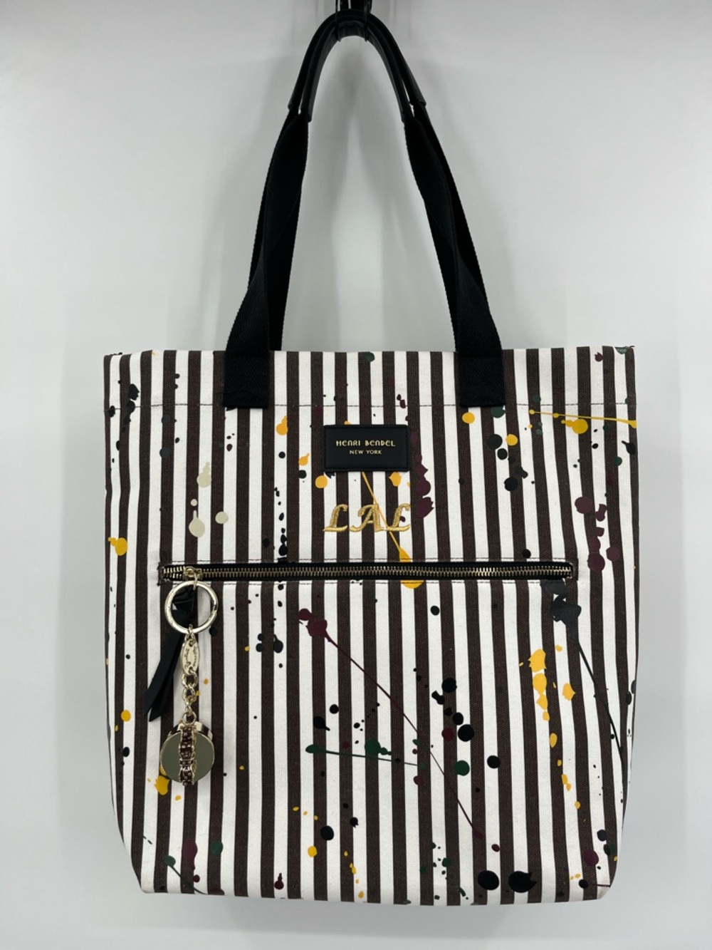 henri bendel West 57th Paint Splatter Canvas Tote Bag Striped Accents